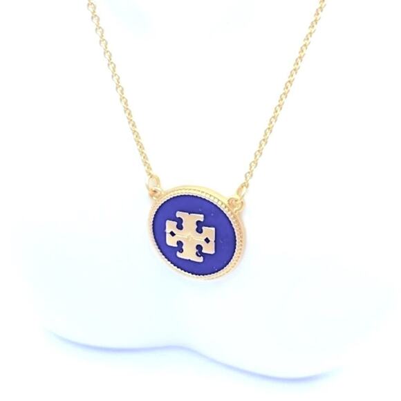 NWT  Tory Burch Gold Logo Round Blue Lapis Necklace - Picture 4 of 6